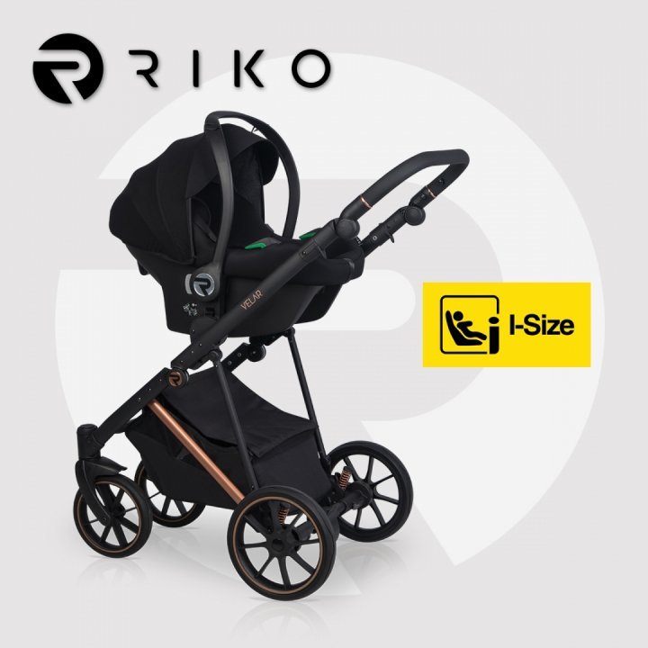Carucior 4 in 1 pentru copii, Riko Velar Magma Premium Line, cu parte sport, scoica auto testata ADAC, i-Size omologat R129, cu baza isofix, accesorii incluse, pana la 22 kg, Negru