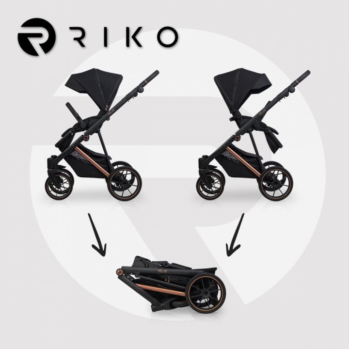 Carucior 4 in 1 pentru copii, Riko Velar Magma Premium Line, cu parte sport, scoica auto testata ADAC, i-Size omologat R129, cu baza isofix, accesorii incluse, pana la 22 kg, Negru - 1