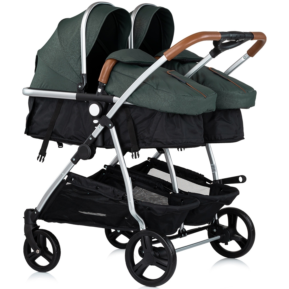Carucior gemeni Chipolino Duo Smart 3 in 1 basil, Cadru aluminiu, pliere compacta, Suspensii si frana, Spartar reglabil, accesorii incluse