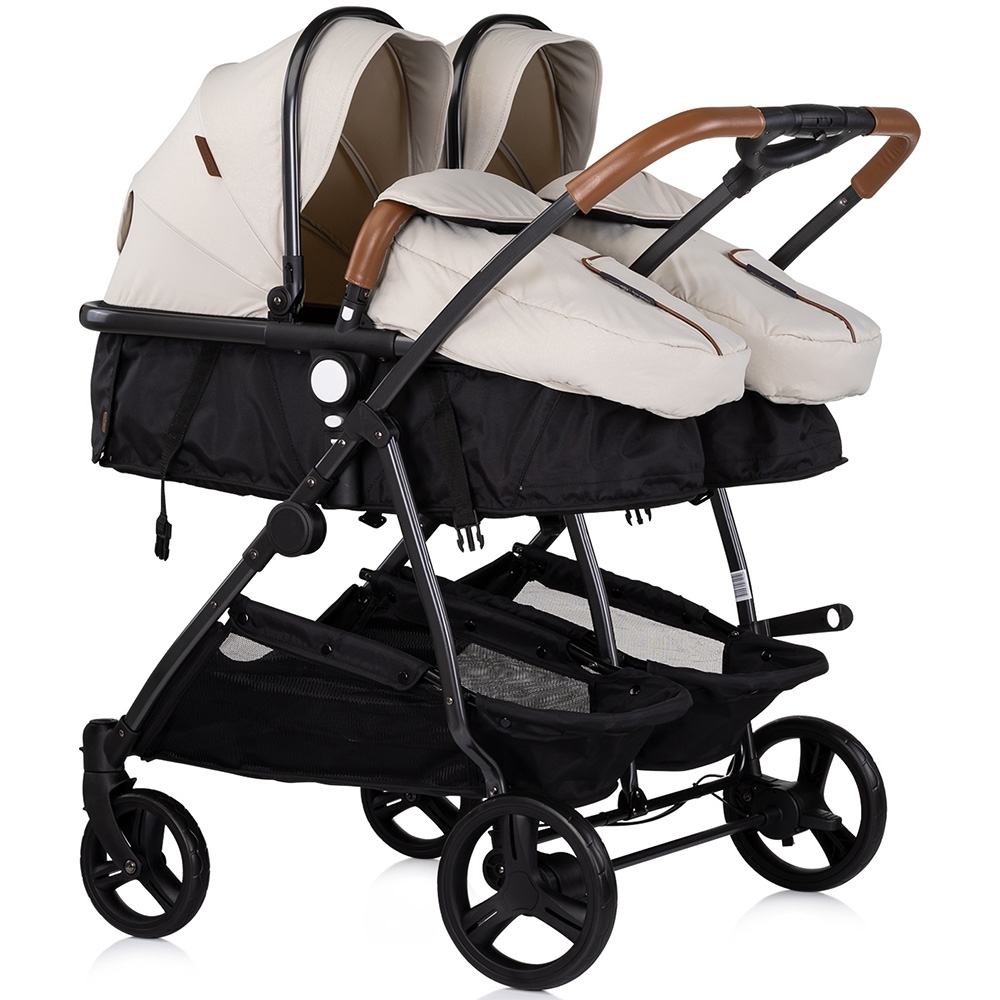 Carucior gemeni Chipolino Duo Smart 3 in 1 biscotta, Cadru aluminiu, pliere compacta, Suspensii si frana, Spartar reglabil, accesorii incluse
