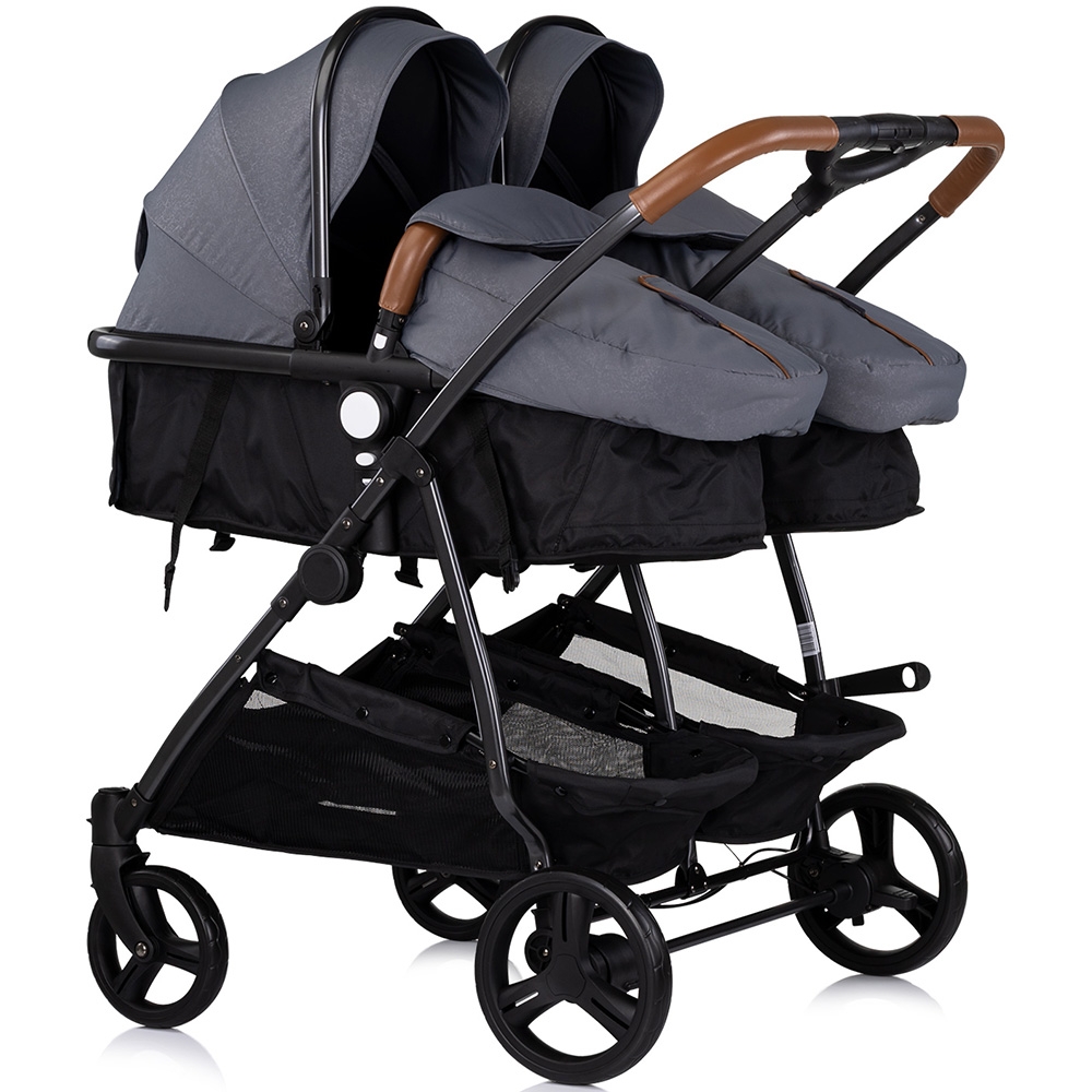 Carucior gemeni Chipolino Duo Smart 3 in 1 cloud, Cadru aluminiu, pliere compacta, Suspensii si frana, Spartar reglabil, accesorii incluse