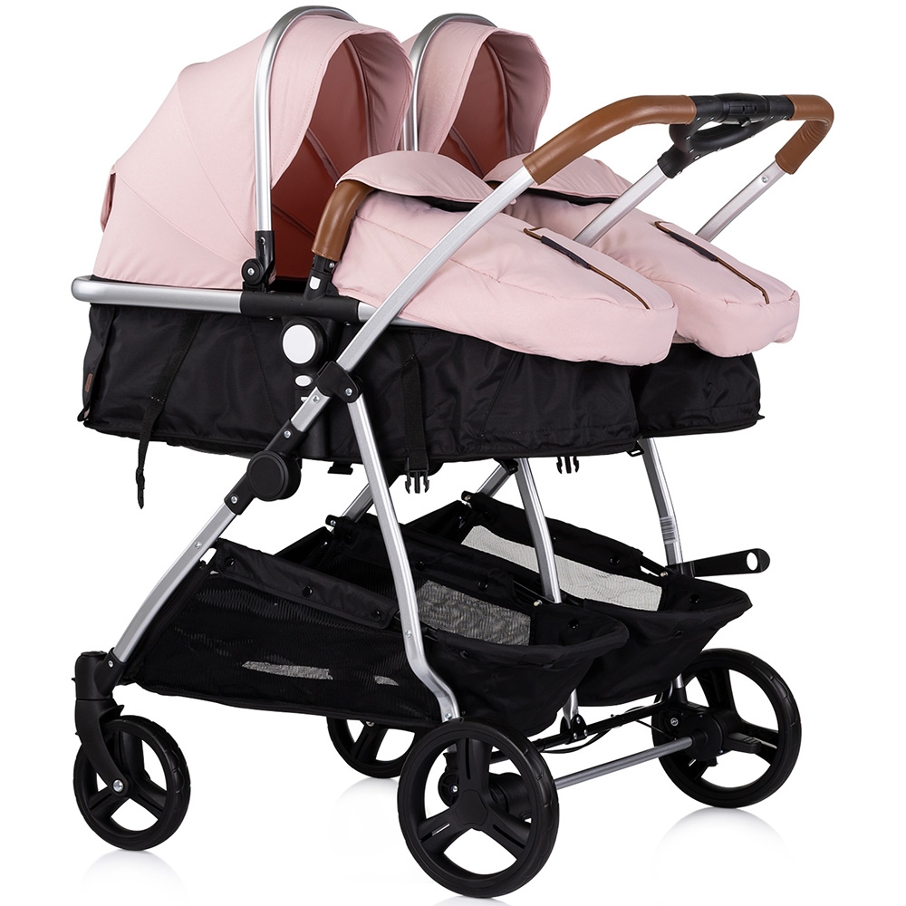 Carucior gemeni Chipolino Duo Smart 3 in 1 pink marshmallow, Cadru aluminiu, pliere compacta, Suspensii si frana, Spartar reglabil, accesorii incluse