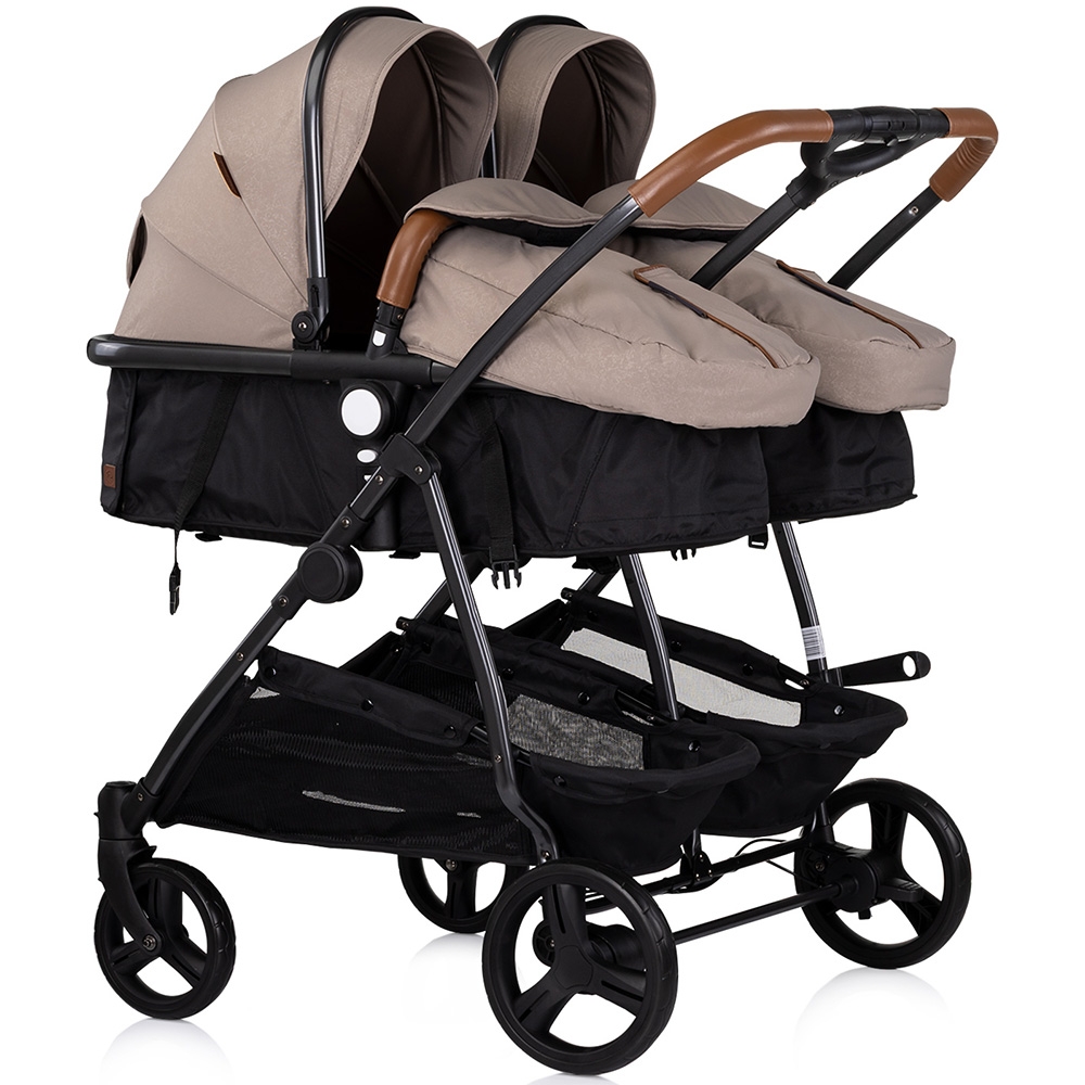 Carucior gemeni Chipolino Duo Smart 3 in 1 tiramisu, Cadru aluminiu, pliere compacta, Suspensii si frana, Spartar reglabil, accesorii incluse