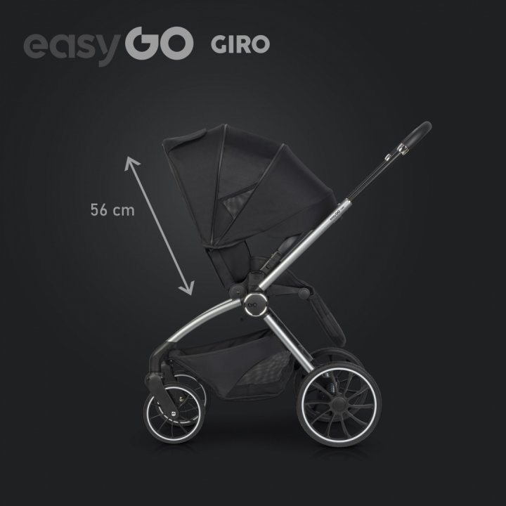 Carucior pentru copii 2 in 1 Easy Go Giro, pana la 22 kg, cu landou 80 cm, Maner telescopic, copertina XXL, pliere tip pendul, cadru ultra-usor din aluminiu, accesorii incluse, Ebony Black
