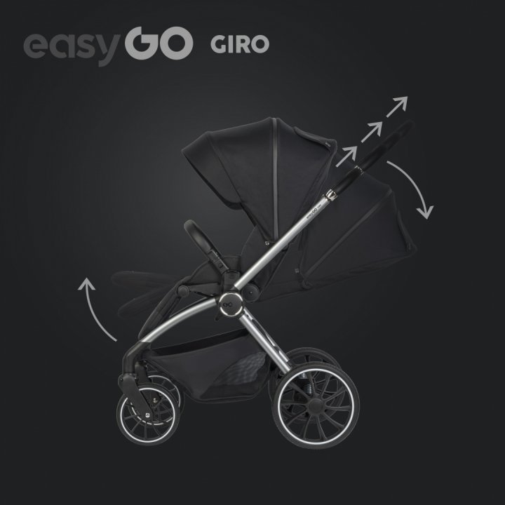 Carucior pentru copii 2 in 1 Easy Go Giro, pana la 22 kg, cu landou 80 cm, Maner telescopic, copertina XXL, pliere tip pendul, cadru ultra-usor din aluminiu, accesorii incluse, Ebony Black - 1