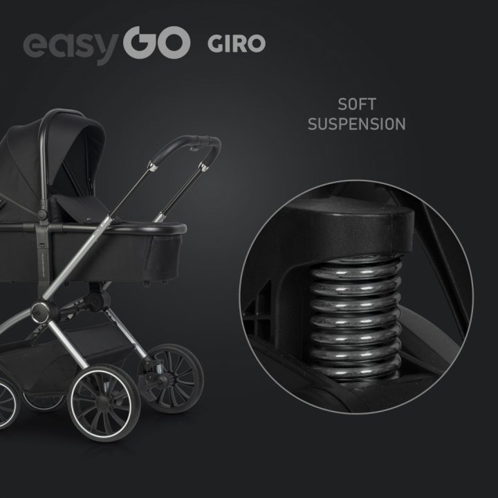 Carucior pentru copii 2 in 1 Easy Go Giro, pana la 22 kg, cu landou 80 cm, Maner telescopic, copertina XXL, pliere tip pendul, cadru ultra-usor din aluminiu, accesorii incluse, Ebony Black - 2