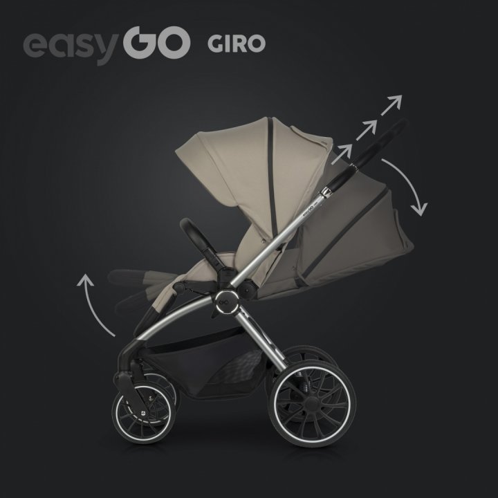 Carucior pentru copii 2 in 1 Easy Go Giro, pana la 22 kg, cu landou 80 cm, Maner telescopic, copertina XXL, pliere tip pendul, cadru ultra-usor din aluminiu, accesorii incluse,Savana Beige