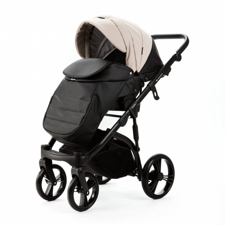 Carucior pentru copii 2 in 1, Adamex Lanti SD110, pliabil, landou cu salteluta, copertina reglabila, roti frontale pivotante 360, cu dubla suspensie si husa de ploaie inclusa, Full EcoLeather, Black Grain