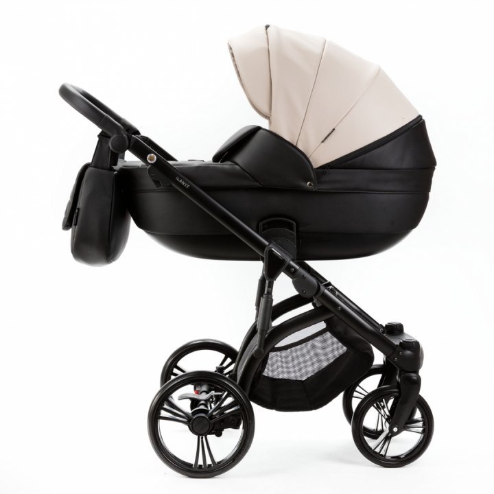 Carucior pentru copii 2 in 1, Adamex Lanti SD110, pliabil, landou cu salteluta, copertina reglabila, roti frontale pivotante 360, cu dubla suspensie si husa de ploaie inclusa, Full EcoLeather, Black Grain - 1