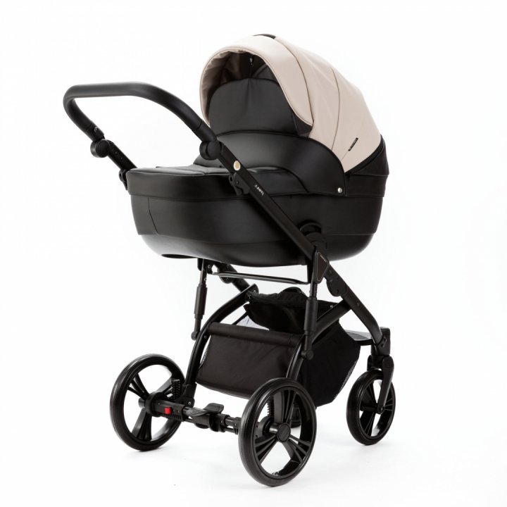 Carucior pentru copii 2 in 1, Adamex Lanti SD110, pliabil, landou cu salteluta, copertina reglabila, roti frontale pivotante 360, cu dubla suspensie si husa de ploaie inclusa, Full EcoLeather, Black Grain - 2