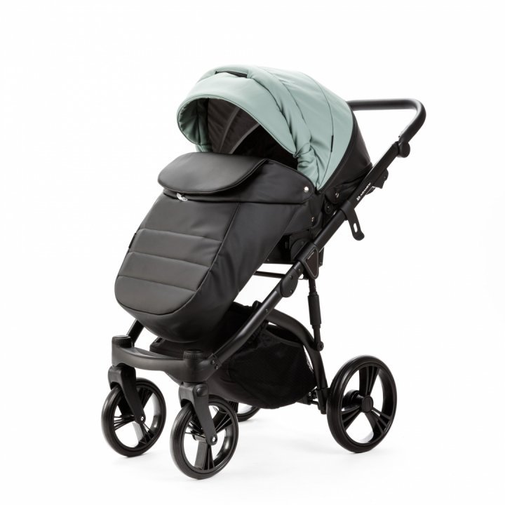 Carucior pentru copii 2 in 1, Adamex Lanti SD103, pliabil, landou cu salteluta, copertina reglabila, roti frontale pivotante 360, cu dubla suspensie si husa de ploaie inclusa, Full EcoLeather, Black Jade