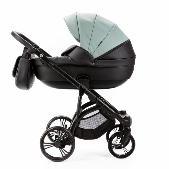 Carucior pentru copii 2 in 1, Adamex Lanti SD103, pliabil, landou cu salteluta, copertina reglabila, roti frontale pivotante 360, cu dubla suspensie si husa de ploaie inclusa, Full EcoLeather, Black Jade - 1