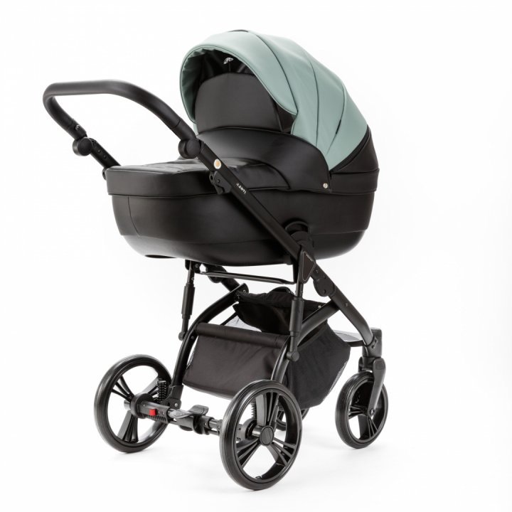 Carucior pentru copii 2 in 1, Adamex Lanti SD103, pliabil, landou cu salteluta, copertina reglabila, roti frontale pivotante 360, cu dubla suspensie si husa de ploaie inclusa, Full EcoLeather, Black Jade - 2