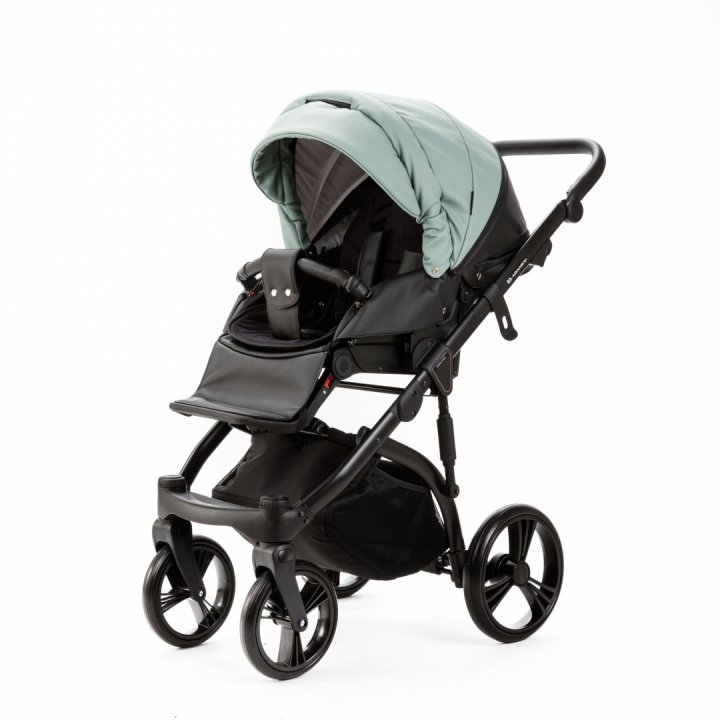 Carucior pentru copii 2 in 1, Adamex Lanti SD103, pliabil, landou cu salteluta, copertina reglabila, roti frontale pivotante 360, cu dubla suspensie si husa de ploaie inclusa, Full EcoLeather, Black Jade - 3
