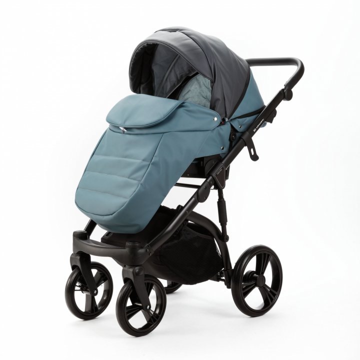 Carucior pentru copii 2 in 1, Adamex Lanti SD42, pliabil, landou cu salteluta, copertina reglabila, roti frontale pivotante 360, cu dubla suspensie si husa de ploaie inclusa, Full EcoLeather, Blue Shadow