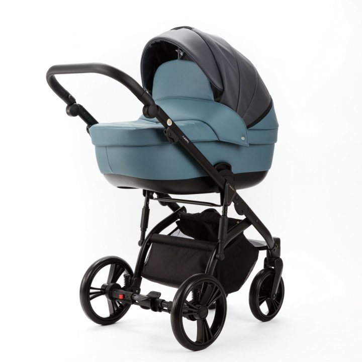 Carucior pentru copii 2 in 1, Adamex Lanti SD42, pliabil, landou cu salteluta, copertina reglabila, roti frontale pivotante 360, cu dubla suspensie si husa de ploaie inclusa, Full EcoLeather, Blue Shadow - 1