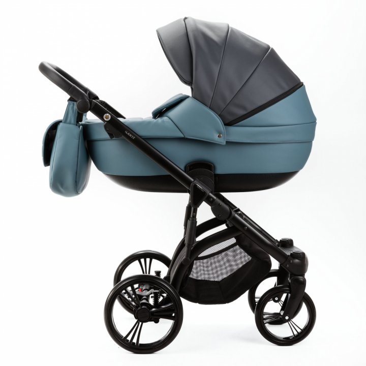 Carucior pentru copii 2 in 1, Adamex Lanti SD42, pliabil, landou cu salteluta, copertina reglabila, roti frontale pivotante 360, cu dubla suspensie si husa de ploaie inclusa, Full EcoLeather, Blue Shadow - 2