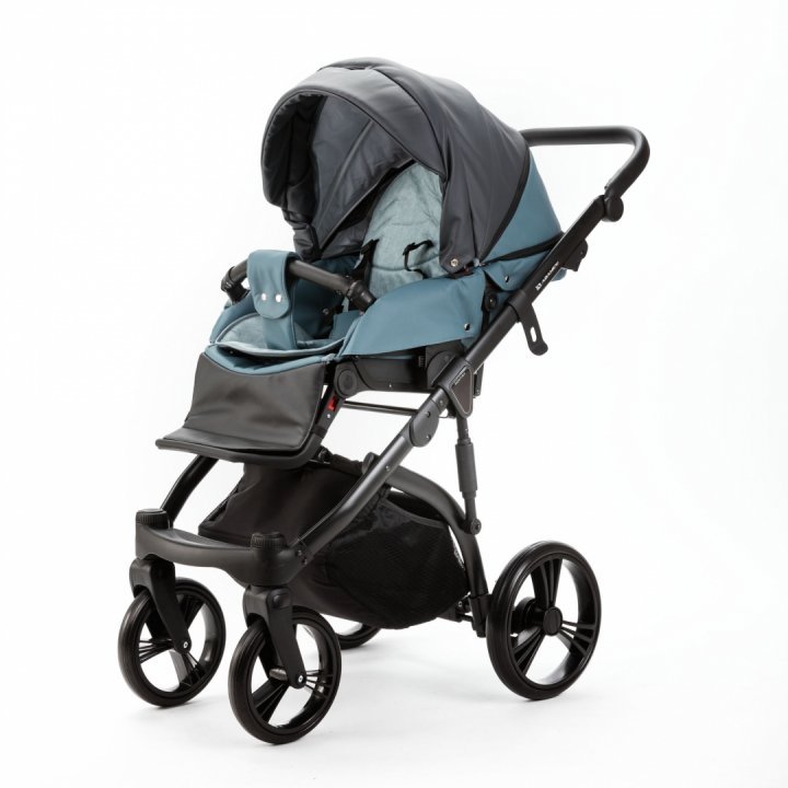 Carucior pentru copii 2 in 1, Adamex Lanti SD42, pliabil, landou cu salteluta, copertina reglabila, roti frontale pivotante 360, cu dubla suspensie si husa de ploaie inclusa, Full EcoLeather, Blue Shadow - 3