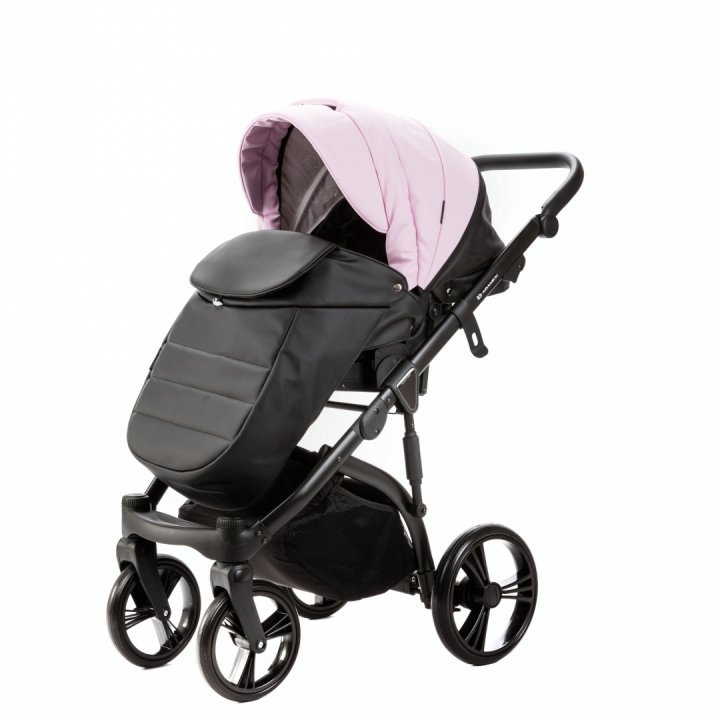 Carucior pentru copii 2 in 1, Adamex Lanti SD101, pliabil, landou cu salteluta, copertina reglabila, roti frontale pivotante 360, cu dubla suspensie si husa de ploaie inclusa, Full EcoLeather, Pink  Black