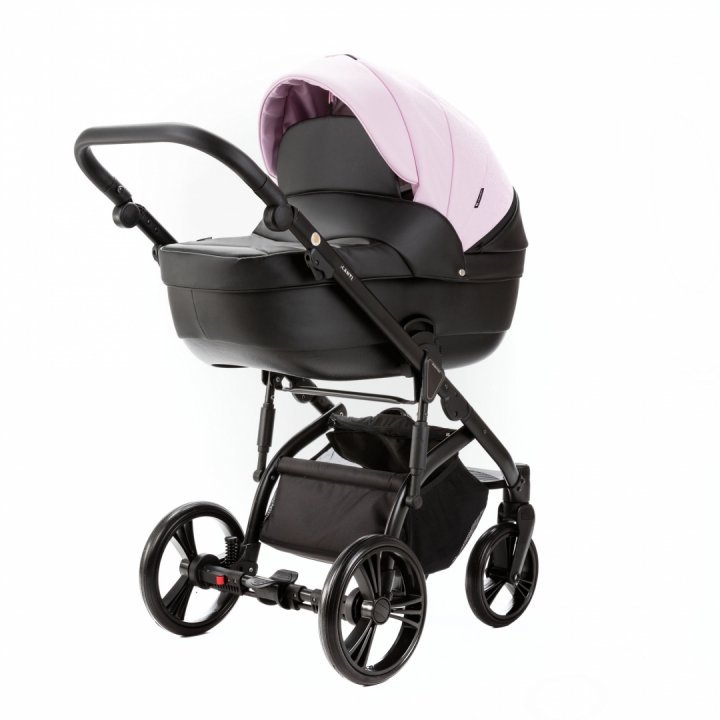 Carucior pentru copii 2 in 1, Adamex Lanti SD101, pliabil, landou cu salteluta, copertina reglabila, roti frontale pivotante 360, cu dubla suspensie si husa de ploaie inclusa, Full EcoLeather, Pink  Black - 1