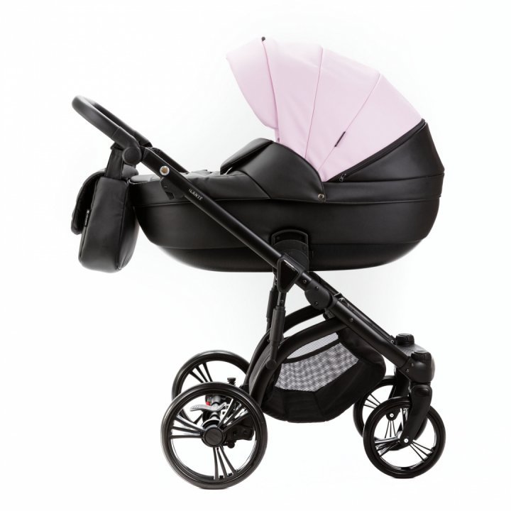 Carucior pentru copii 2 in 1, Adamex Lanti SD101, pliabil, landou cu salteluta, copertina reglabila, roti frontale pivotante 360, cu dubla suspensie si husa de ploaie inclusa, Full EcoLeather, Pink  Black - 2