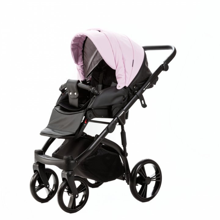 Carucior pentru copii 2 in 1, Adamex Lanti SD101, pliabil, landou cu salteluta, copertina reglabila, roti frontale pivotante 360, cu dubla suspensie si husa de ploaie inclusa, Full EcoLeather, Pink  Black - 3