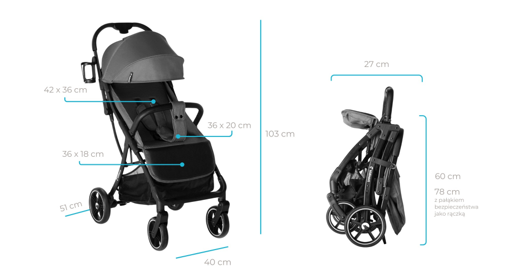 Carucior pentru copii, Kidnort Fjallrav Black, cu pliere compacta, suspensie integrala, spatar si viziera reglabile, pana la 22 kg, accesorii incluse, suport pentru pahar, husa transport - 2