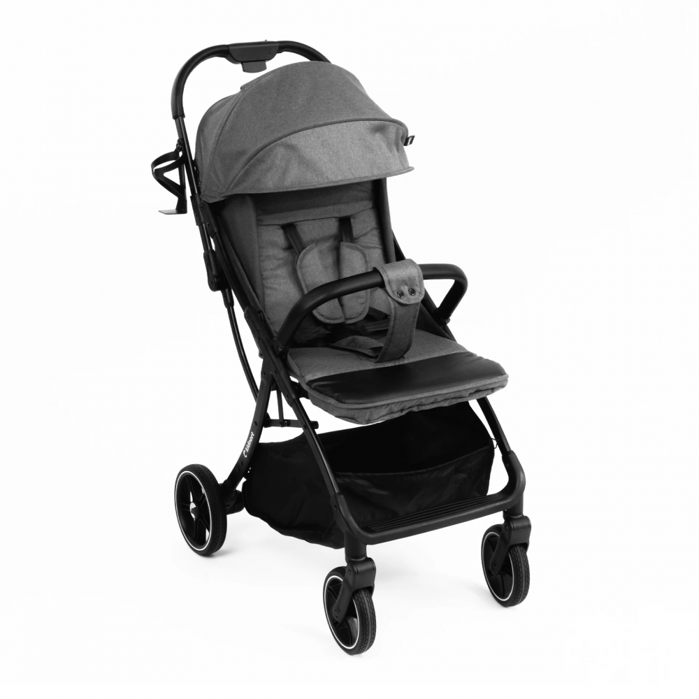 Carucior pentru copii, Kidnort Fjallrav Gri melange, cu pliere compacta, suspensie integrala, spatar si viziera reglabile, pana la 22 kg, accesorii incluse, suport pentru pahar, husa transport