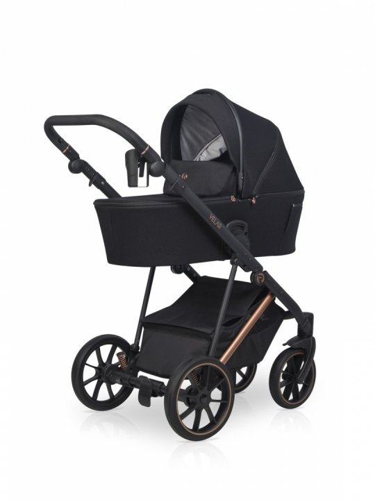 Carucior pentru copii, Riko Velar Magma Premium Line 3 in 1, omologat i-Size R129, cu suspensii, maner reglabil pe inaltime, cu scoica auto, Geanta si accesorii incluse, pana la 22 kg, Negru