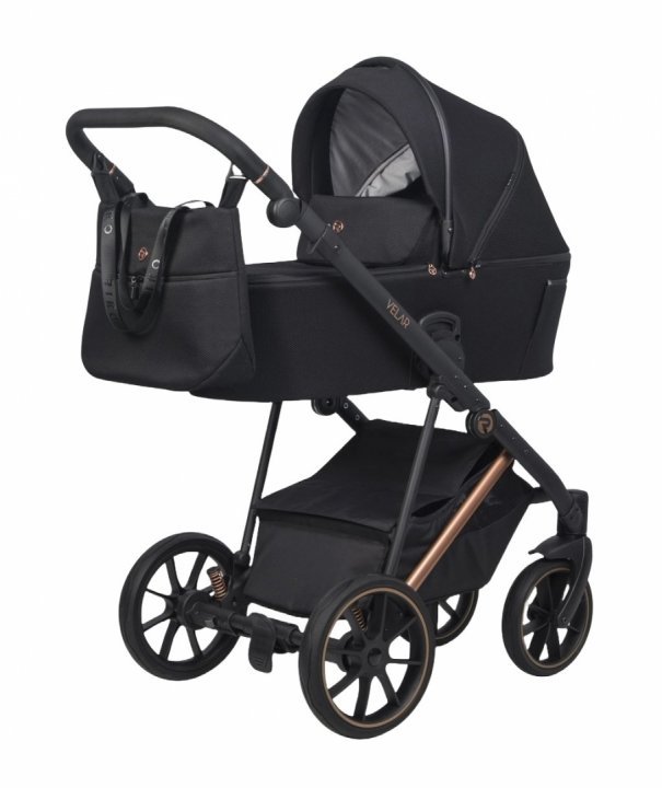 Carucior pentru copii, Riko Velar Magma Premium Line 3 in 1, omologat i-Size R129, cu suspensii, maner reglabil pe inaltime, cu scoica auto, Geanta si accesorii incluse, pana la 22 kg, Negru - 1