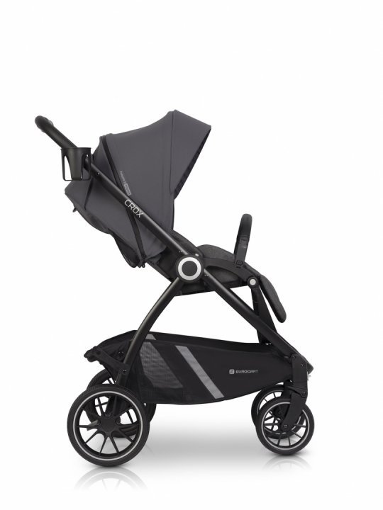 Carucior pentru nou nascut Euro-Cart Crox, cu cadrul de aluminiu, pliere compacta, scaun reversibil, cu 3 nivele de ajustare a spatarului, capotina si husa de picioruse, roti cu suspensii, pana la 22 kg, Iron