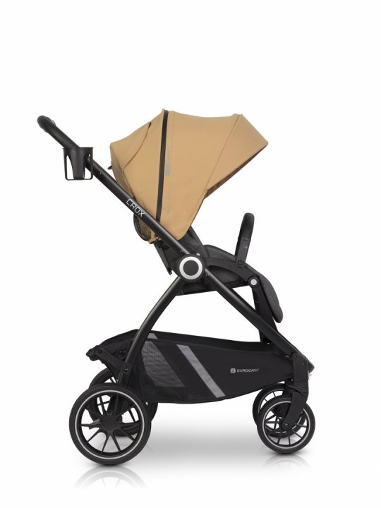 Carucior pentru nou nascut Euro-Cart Crox, cu cadrul de aluminiu, pliere compacta, scaun reversibil, cu 3 nivele de ajustare a spatarului, capotina si husa de picioruse, roti cu suspensii, pana la 22 kg, Camel