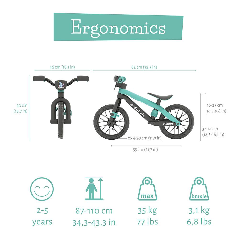 Bicicleta fara pedale Chillafish BMXie Vroom Mint, 12 inch, suport pentru picioare integrat, varsta 2-5 ani, scaun reglabil, anvelope EVA, greutate admisa 35 kg - 5