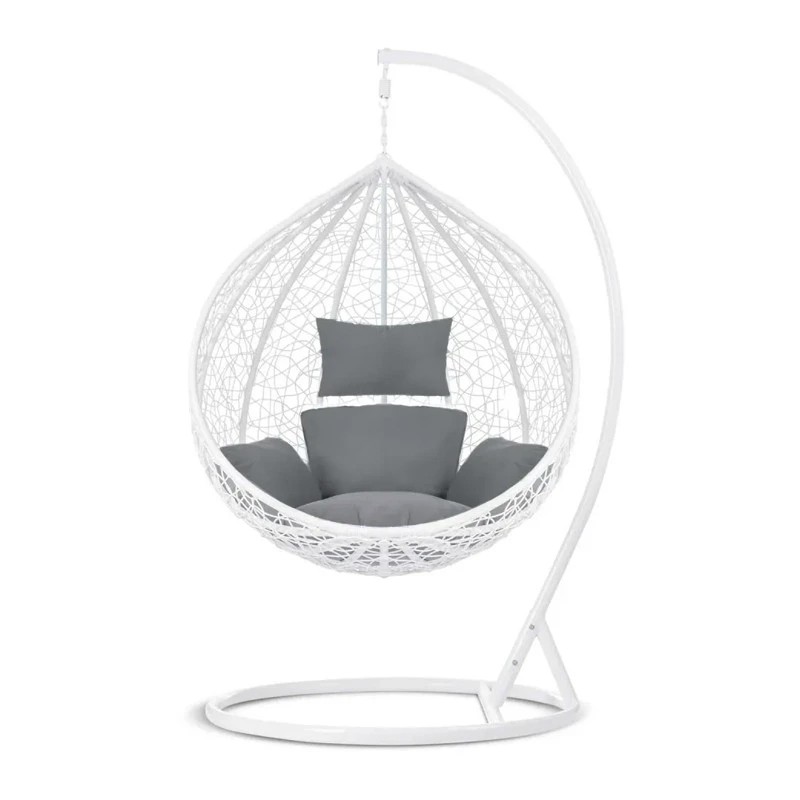 Fotoliu suspendat tip cuib oval cadru Alb si perna Gri, structura din otel, perne incluse, 103x107x195 cm,utilizare interiorexterior
