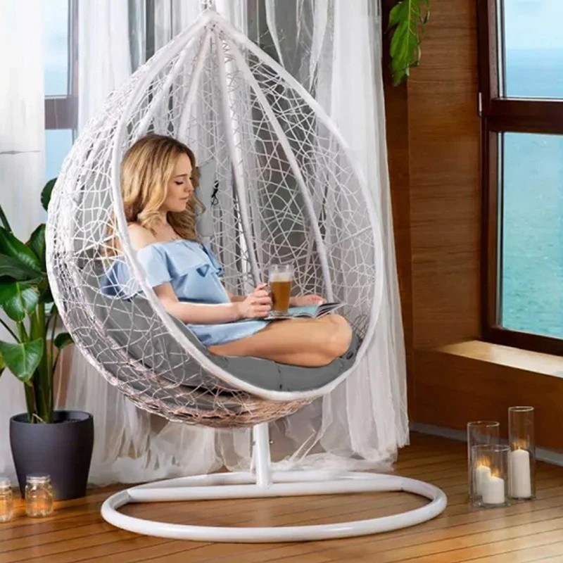 Fotoliu suspendat tip cuib oval cadru Alb si perna Gri, structura din otel, perne incluse, 103x107x195 cm,utilizare interiorexterior - 1 | YEO