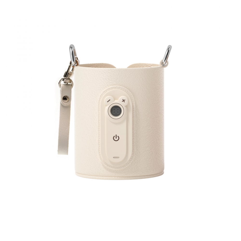 Incalzitor portabil pentru biberoane Kidnort Varm Bej, diametru 8 cm, cu reglare Velcro, ecran digital, putere 5V 2A, cablu USB-C inclus, interval temperatura 40-65C pentru biberoane, lapte, apa