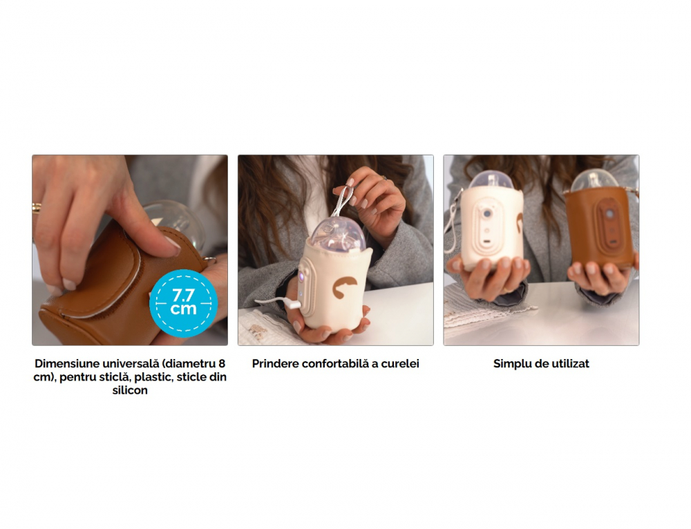 Incalzitor portabil pentru biberoane Kidnort Varm Brown, diametru 8 cm, cu reglare Velcro, ecran digital, putere 5V 2A, cablu USB-C inclus, interval temperatura 40-65C pentru biberoane, lapte, apa