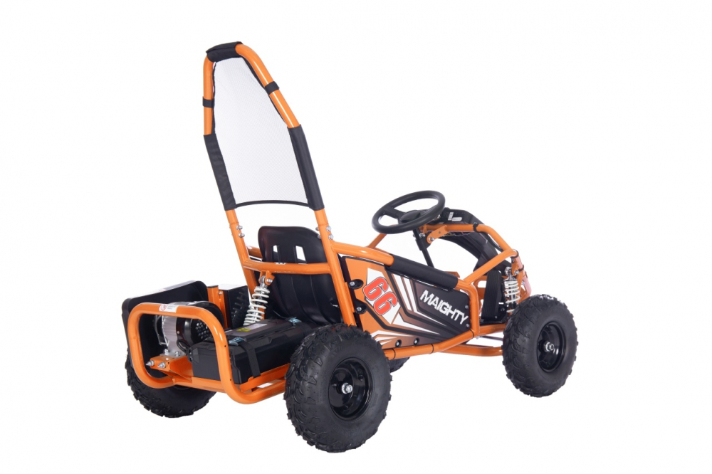Kart electric pentru copii Maighty Orange, cu motor 1000W, baterie 48V12Ah, viteza maxima 30 kmh, cu 3 moduri de viteza accesate la cheie, frane hidraulice pe disc, anvelope gonflabile cu suspensii si scaun reglabil