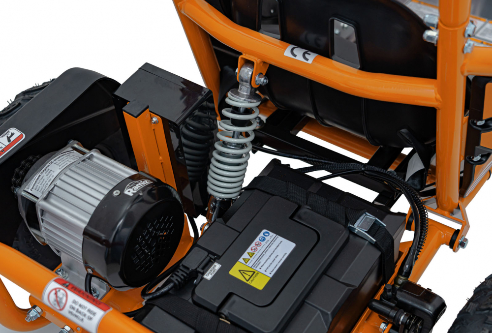 Kart electric pentru copii Maighty Orange, cu motor 1000W, baterie 48V12Ah, viteza maxima 30 kmh, cu 3 moduri de viteza accesate la cheie, frane hidraulice pe disc, anvelope gonflabile cu suspensii si scaun reglabil - 2