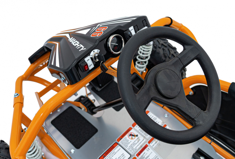 Kart electric pentru copii Maighty Orange, cu motor 1000W, baterie 48V12Ah, viteza maxima 30 kmh, cu 3 moduri de viteza accesate la cheie, frane hidraulice pe disc, anvelope gonflabile cu suspensii si scaun reglabil - 11