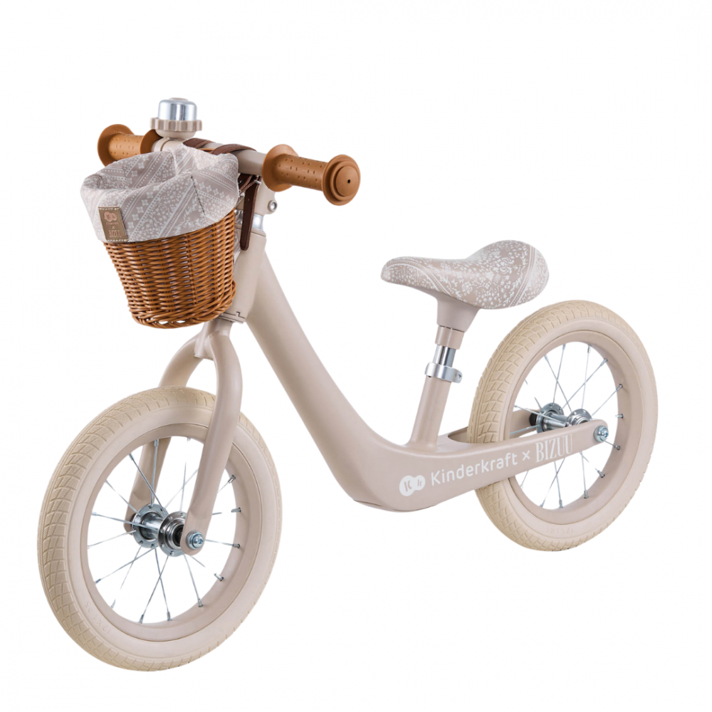 Bicicleta de echilibru Kinderkraft Rapid 2 Bizuu Beige, cadru din aliaj de magneziu, scaun reglabil, clopotel si cos pentru jucarii