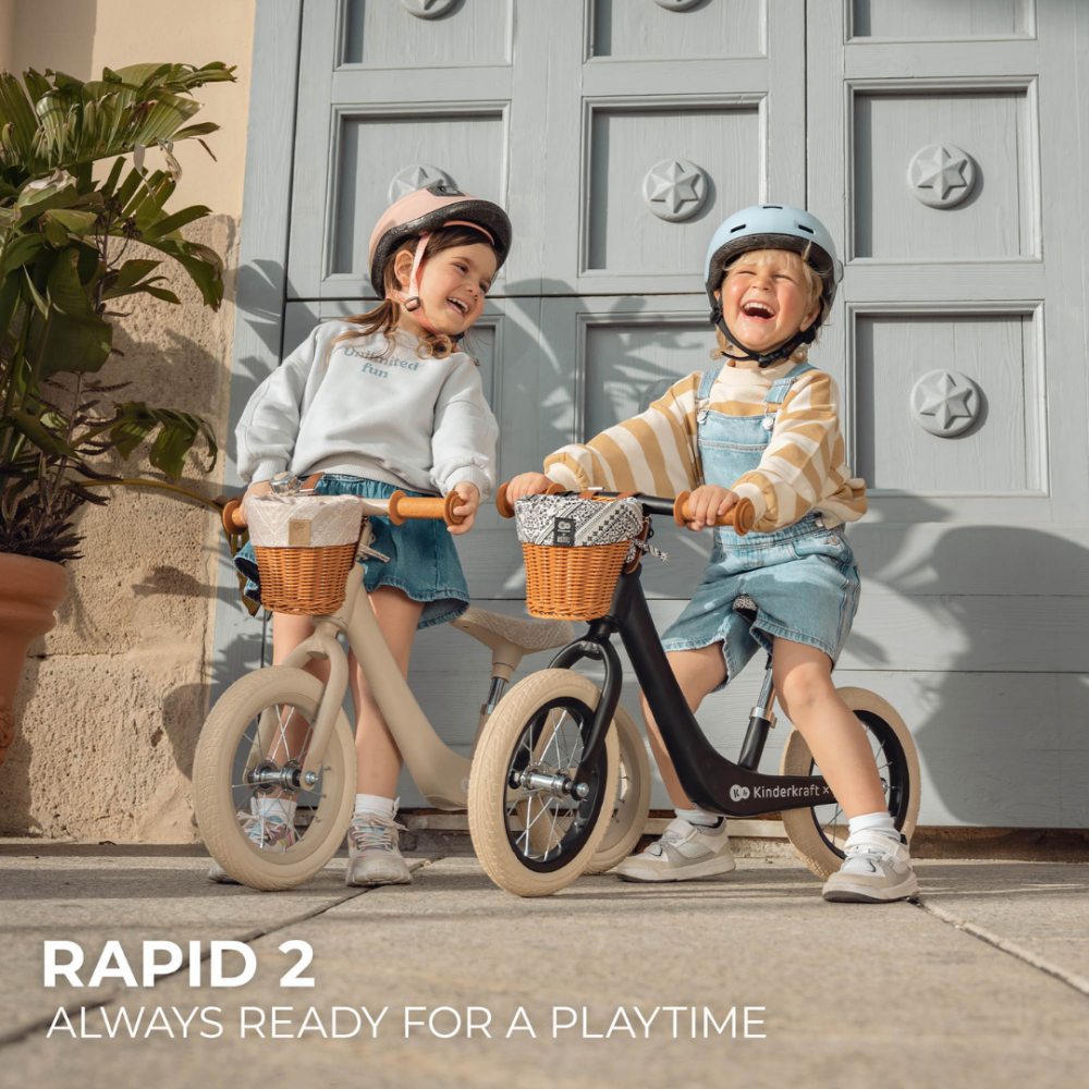 Bicicleta de echilibru Kinderkraft Rapid 2 Bizuu Black, cadru din aliaj de magneziu, scaun reglabil, clopotel si cos pentru jucarii