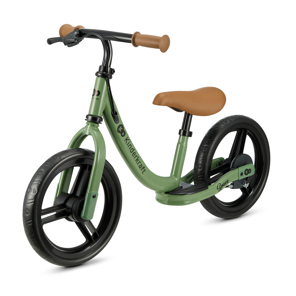 Bicicleta pentru copii Kinderkraft Space Light Green fara pedale, cu suport picioare, frana de mana, greutate admisa 35 kg