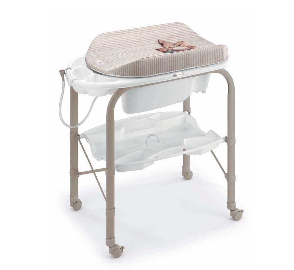 Masa de baie Cambio Deluxe alb pliabila, cu saltea de infasat si cadita anatomica, furtun, roti cu blocatori