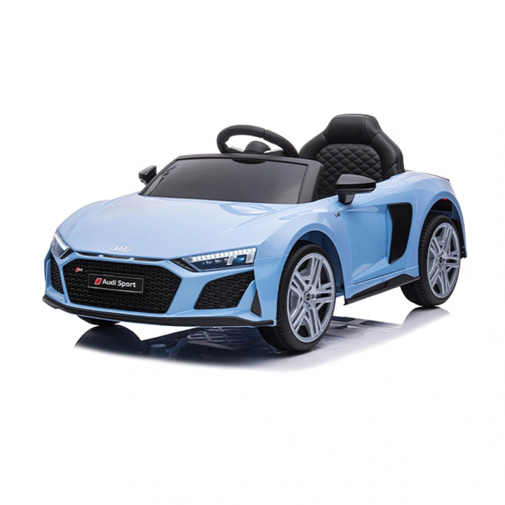 Masinuta electrica copii 12V 70W cu scaun din piele si roti EVA Audi R8 Blue-Grey, bluetooth, display, usi cu deschidere, sarcina maxima 30 kg