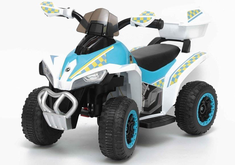 Atv electric pentru copii Police Quad GTS1188-A White, motor puternic de 45W, baterie de 6V4.5Ah, cu 2 viteze intuitive, viteza maxima 3 kmh, faruri luminoase, scaun ergonomic, dimensiune 78.5 x 40.5 x 46 cm