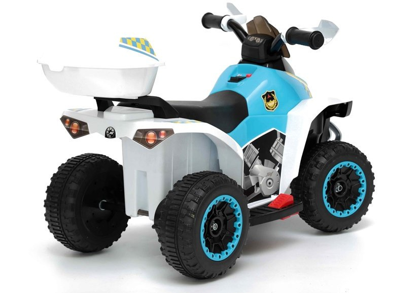 Atv electric pentru copii Police Quad GTS1188-A White, motor puternic de 45W, baterie de 6V4.5Ah, cu 2 viteze intuitive, viteza maxima 3 kmh, faruri luminoase, scaun ergonomic, dimensiune 78.5 x 40.5 x 46 cm - 2