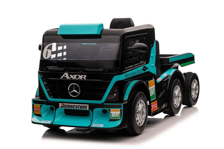 Camion electric pentru copii Mercedes XMX622B Blue, cu telecomanda 2.4G, doua motoare de 45W, baterie dubla de 12V7Ah, afisaj LCD, MP4, conectivitate Bluetooth, port MP3 si USB, dimensiune 143 x 72 x 67 cm