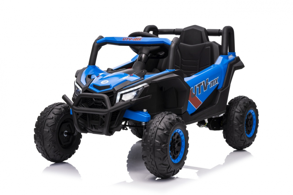 Masinuta electrica pentru copii Buggy Madman UTV-MX Blue, 4 motoare 35W, baterie 12V10Ah, telecomanda 2.4 GHz, roti spuma EVA 24x10 cm, sarcina maxima 30 kg, scaun piele ecologica, deschidere usi, MP3, USB, Bluetooth