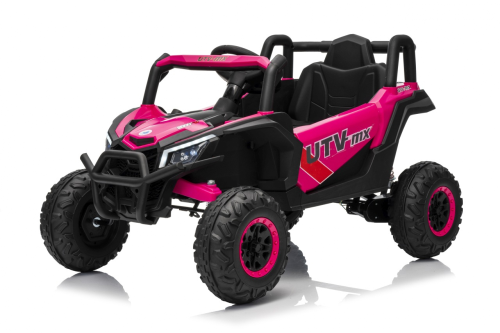 Masinuta electrica pentru copii Buggy Madman UTV-MX Pink, 4 motoare 35W, baterie 12V10Ah, telecomanda 2.4 GHz, roti spuma EVA 24x10 cm, sarcina maxima 30 kg, scaun piele ecologica, deschidere usi, MP3, USB, Bluetooth